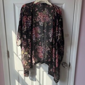 Floral Sheer Kimono Cover-Up - Black/Pink